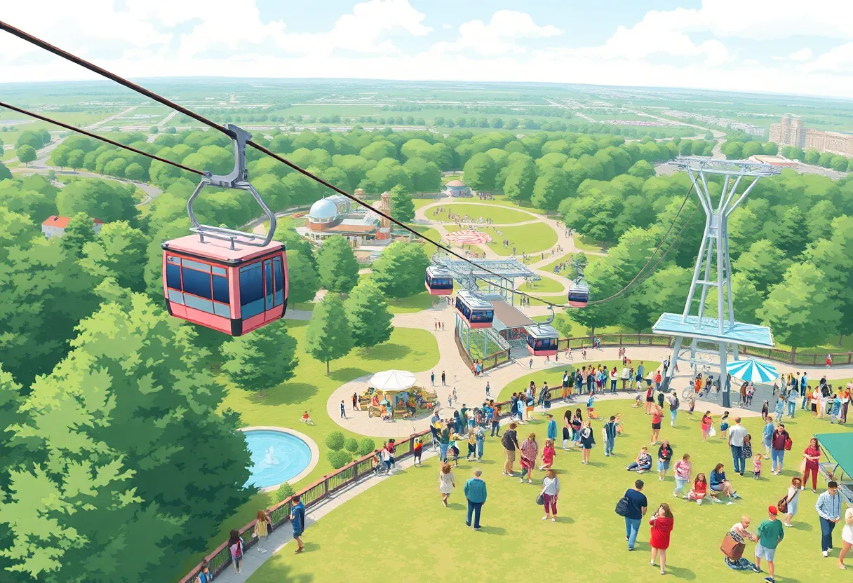 Aerial gondola system navigating over Great Park