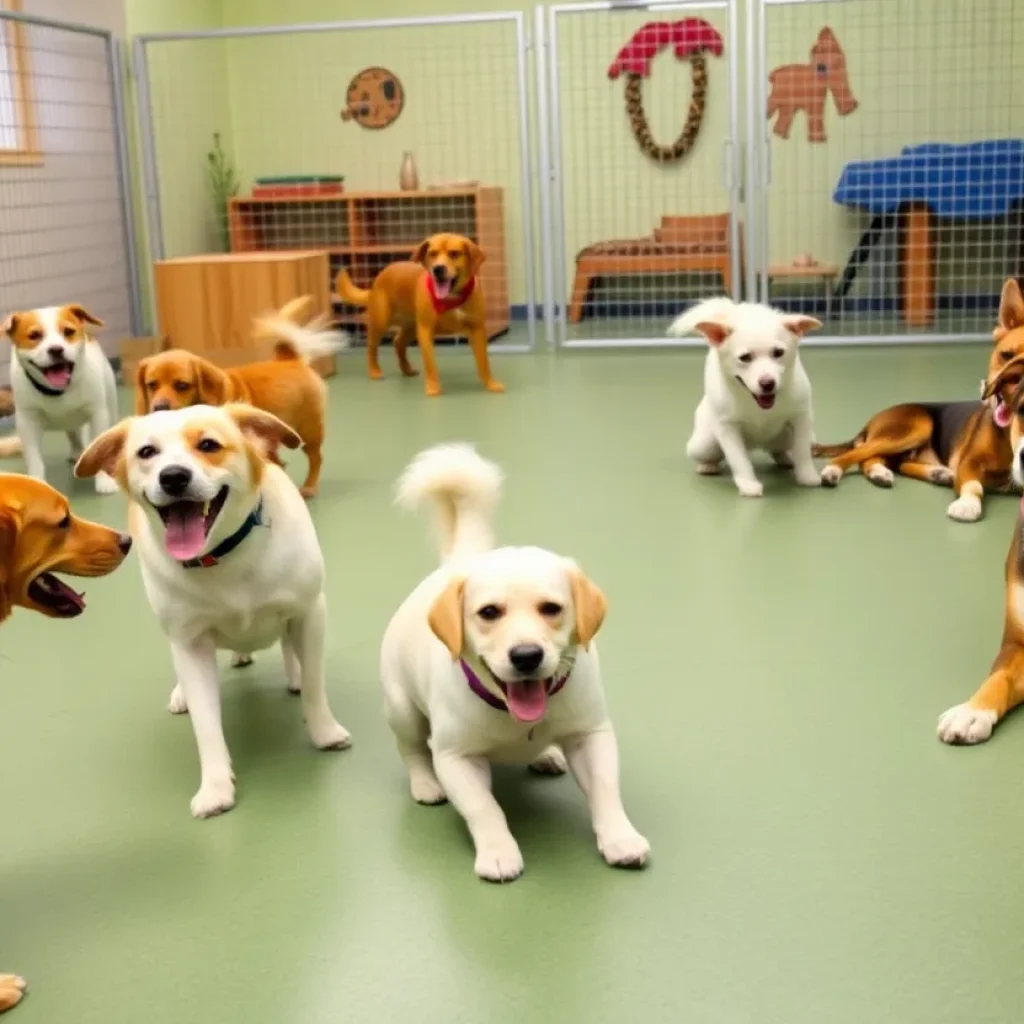 Dogs playing and relaxing in Bark Collective dog daycare
