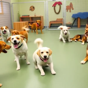 Dogs playing and relaxing in Bark Collective dog daycare