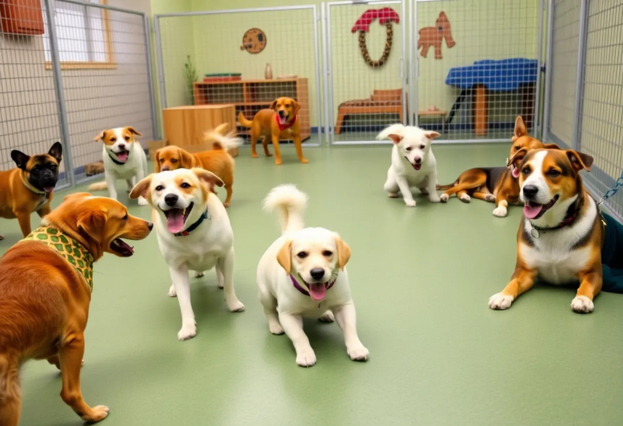 Dogs playing and relaxing in Bark Collective dog daycare