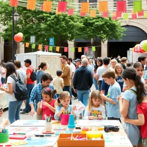 Families participating in hands-on activities at the Beckman Arts and Science Family Festival