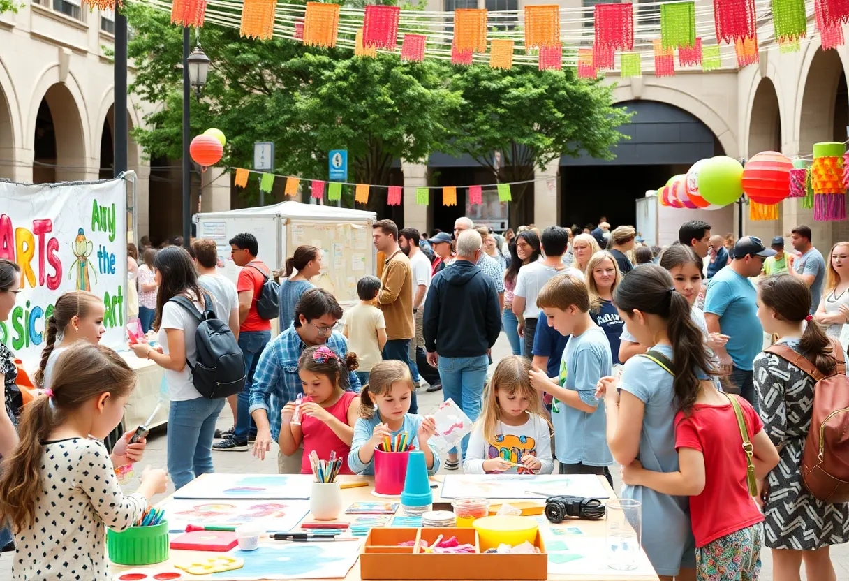 Families participating in hands-on activities at the Beckman Arts and Science Family Festival