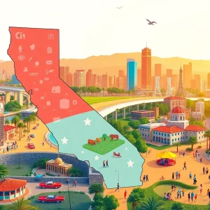 Illustration of California's diverse economy with technology and agriculture.