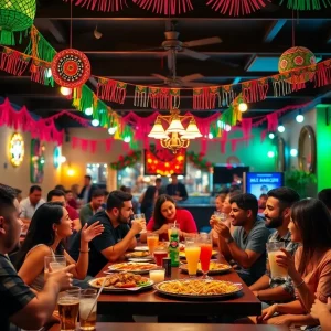People enjoying a Cinco de Mayo celebration at Descanso Restaurant with food and drinks.