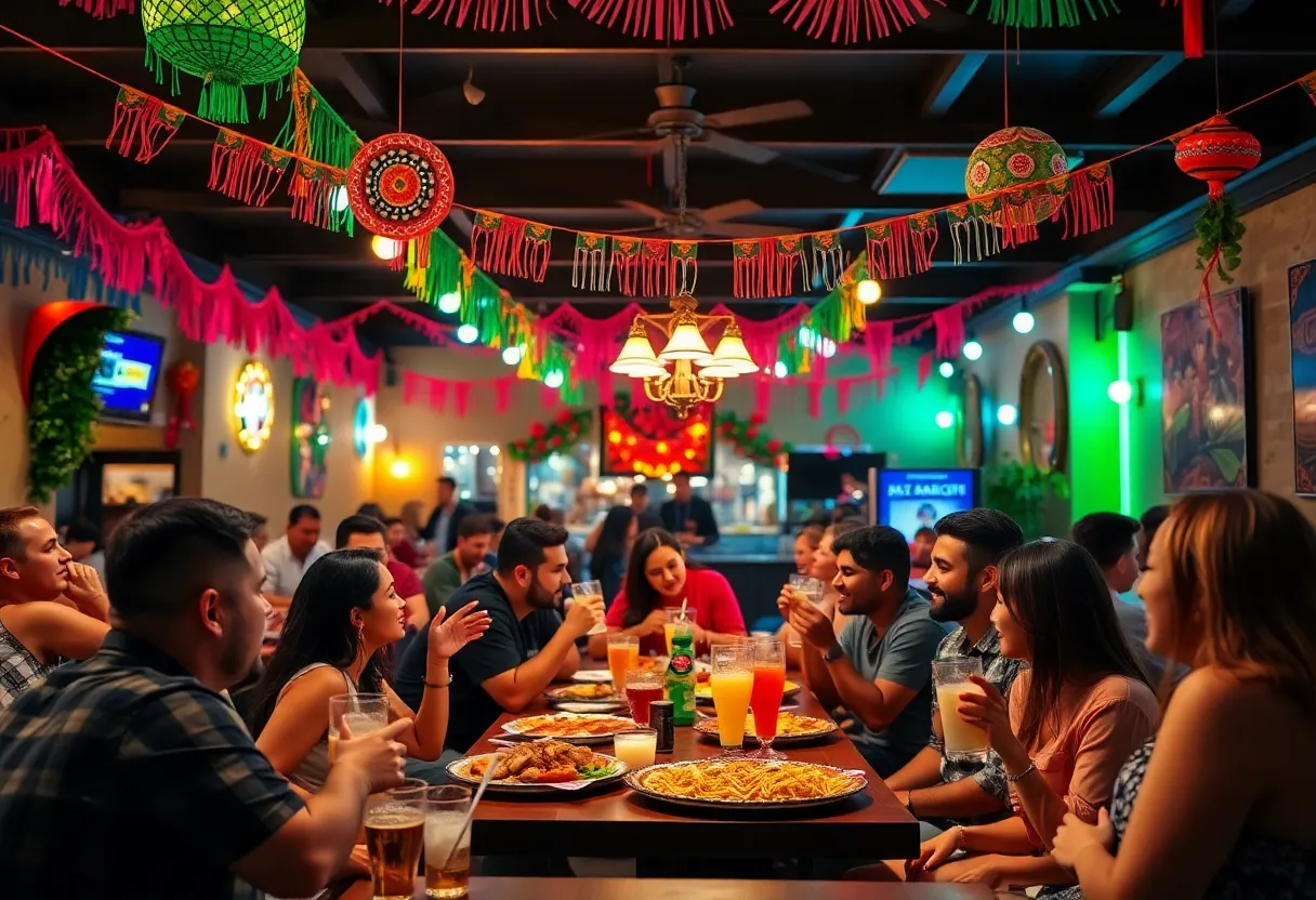 People enjoying a Cinco de Mayo celebration at Descanso Restaurant with food and drinks.