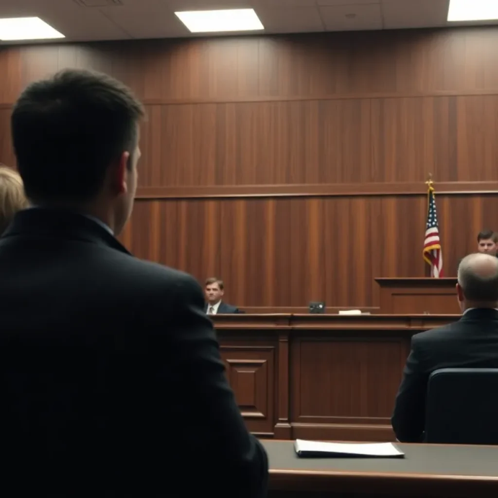 Courtroom scene during a murder trial regarding domestic violence.