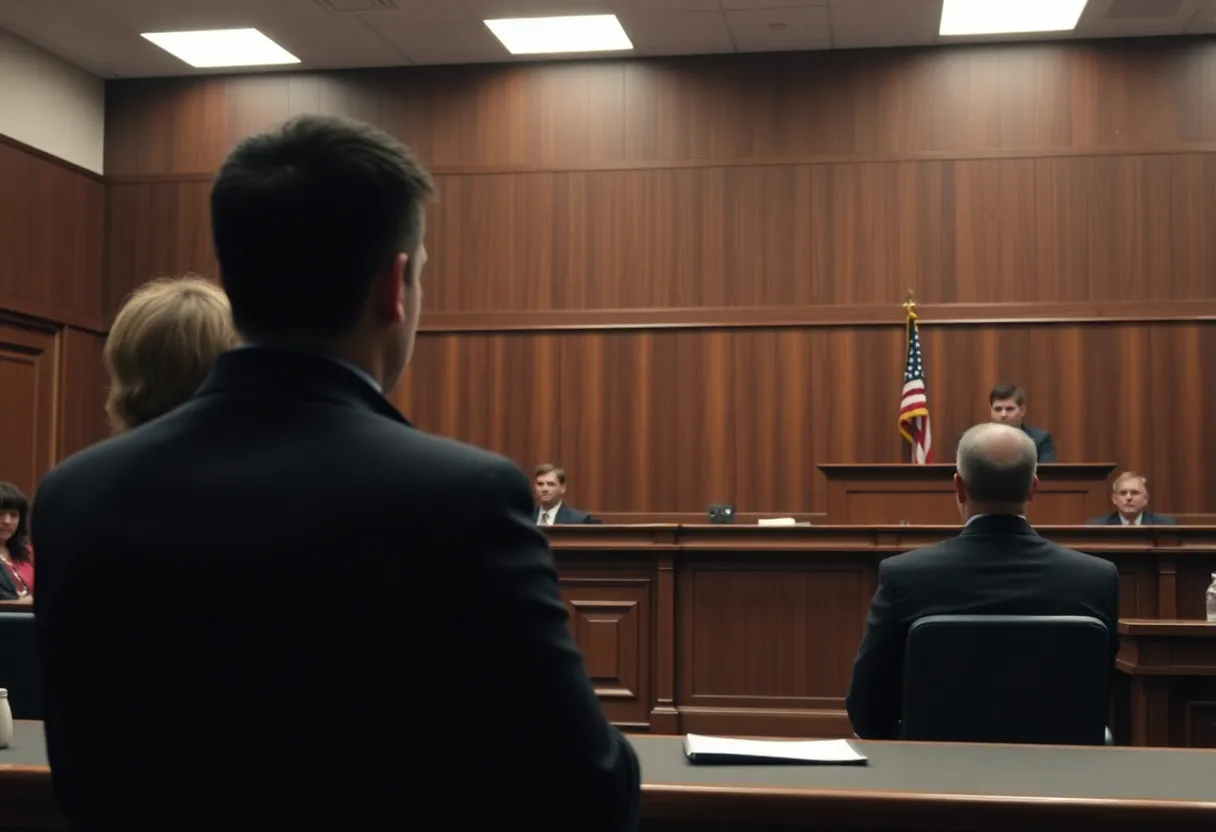 Courtroom scene during a murder trial regarding domestic violence.