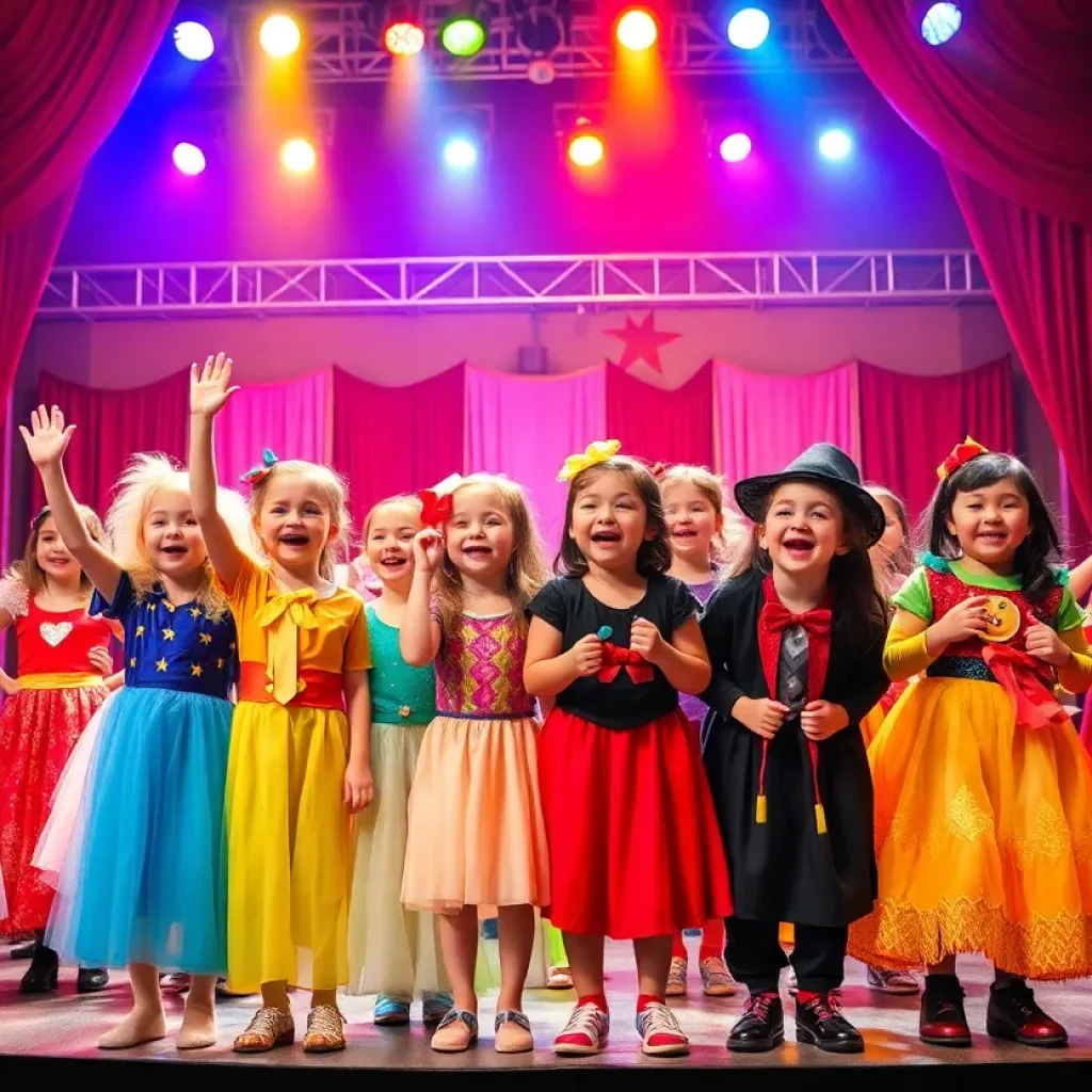 Students performing on stage in a musical play.
