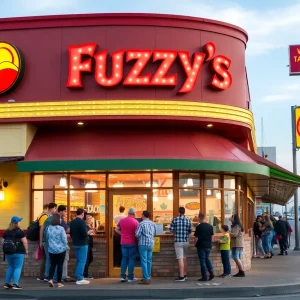 Exterior view of Fuzzy's Taco Shop in Barstow with customers waiting to enter.