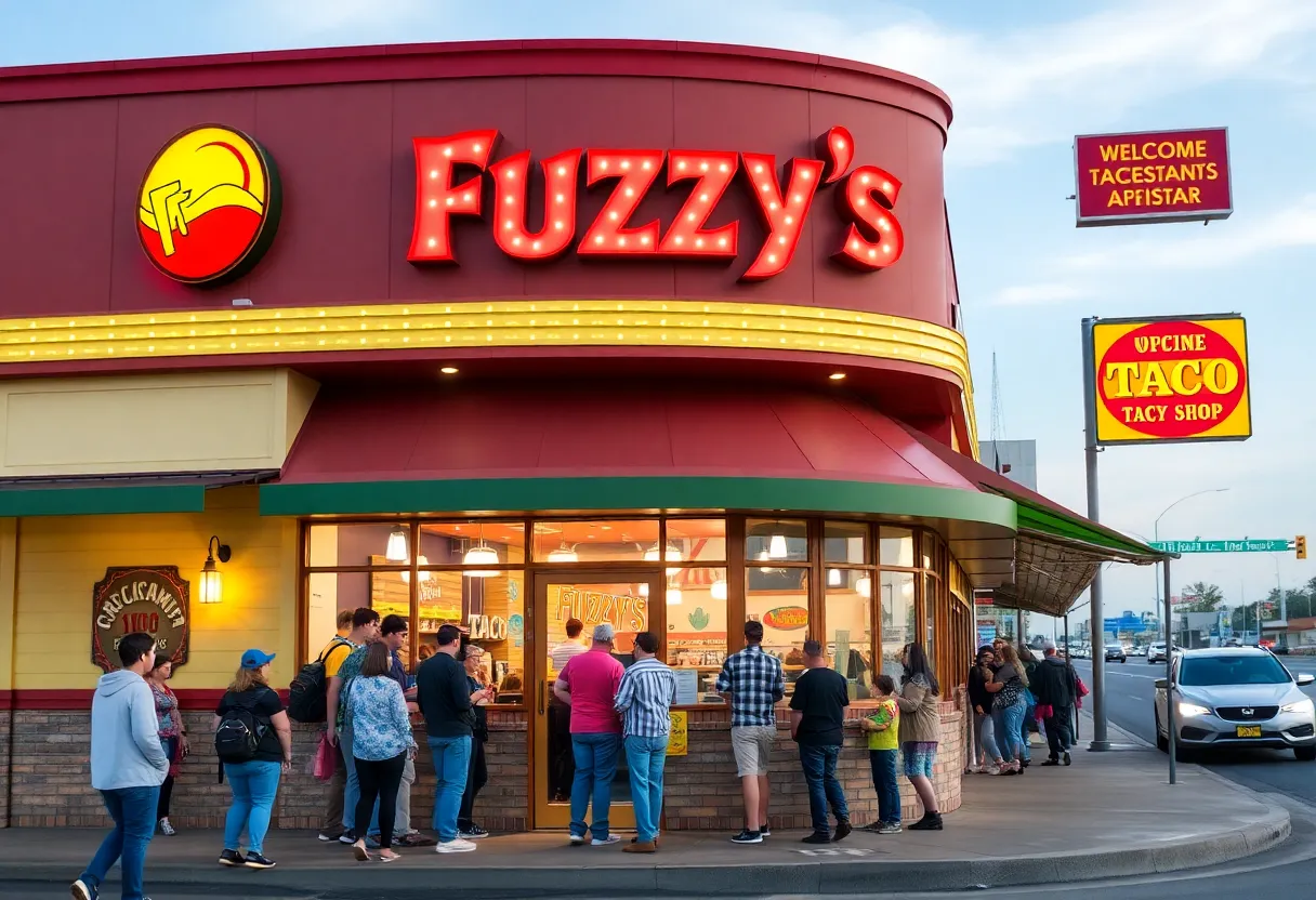 Exterior view of Fuzzy's Taco Shop in Barstow with customers waiting to enter.