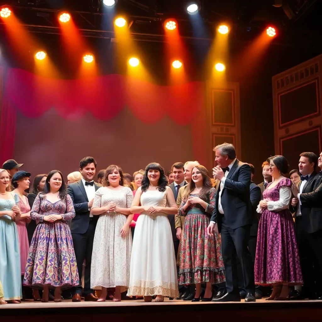 A stage scene from Hamilton featuring diverse actors in colorful costumes.