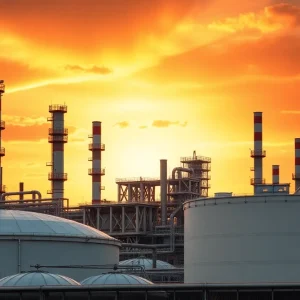 Oil refinery with storage tanks and smokestacks