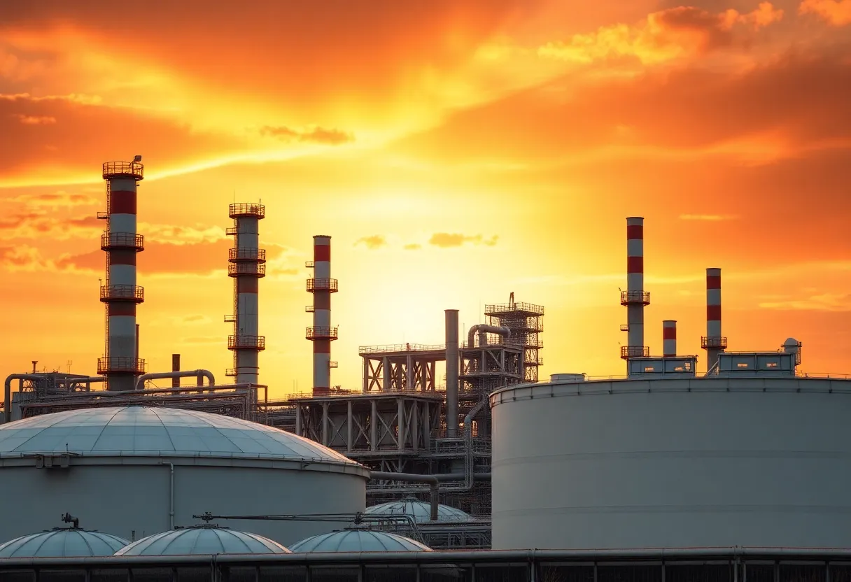 Oil refinery with storage tanks and smokestacks