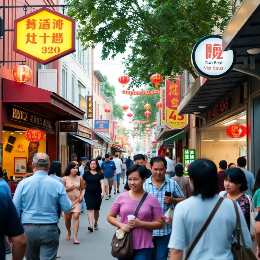 A bustling street in Little Saigon filled with shops and Vietnamese culture.