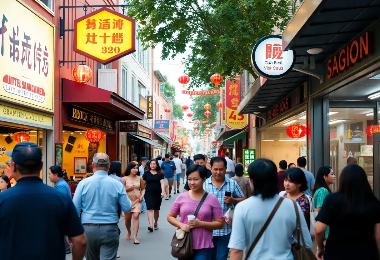 A bustling street in Little Saigon filled with shops and Vietnamese culture.