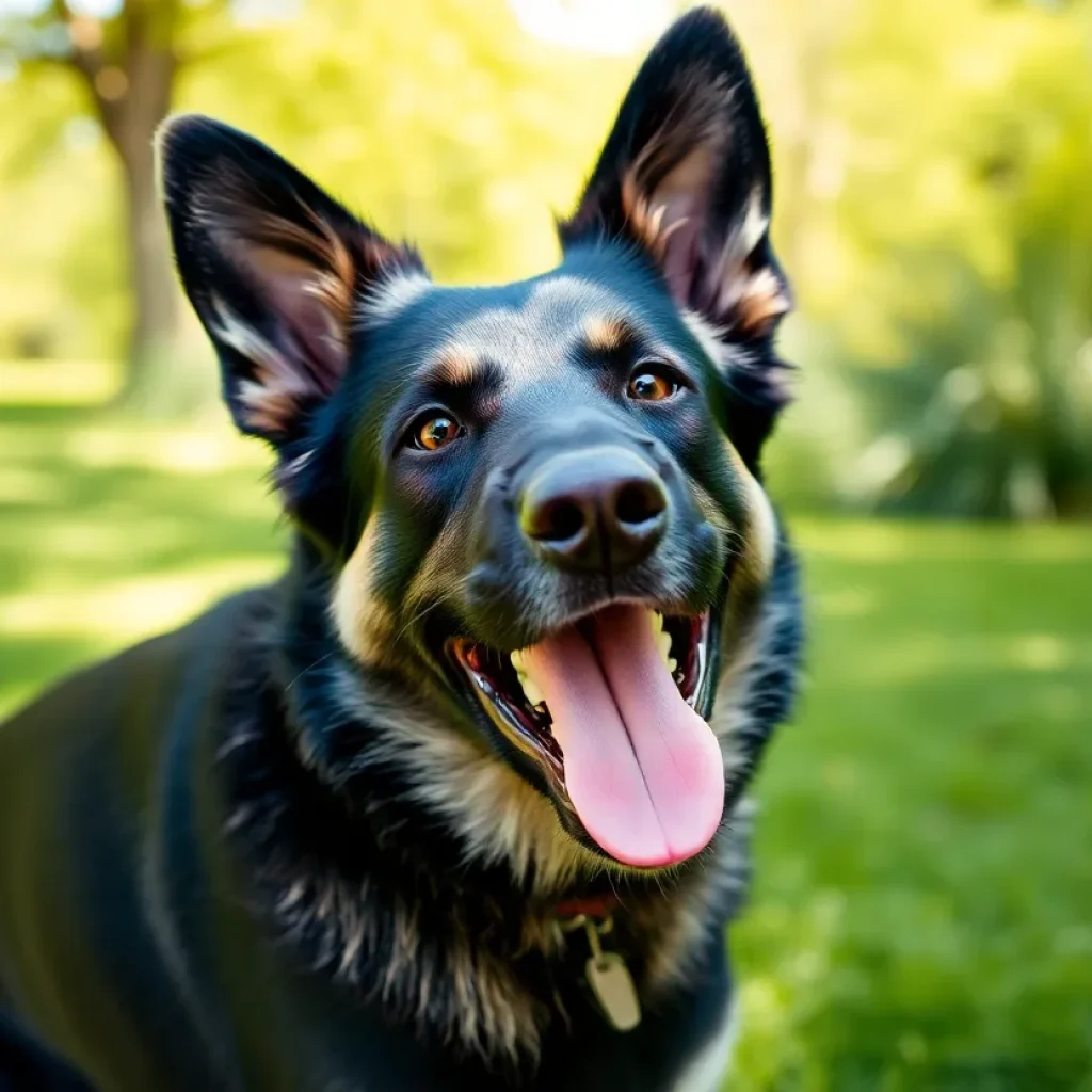 Energetic black German Shepherd playing in the park