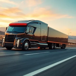 Self-driving heavy-duty truck navigating through a Californian highway.