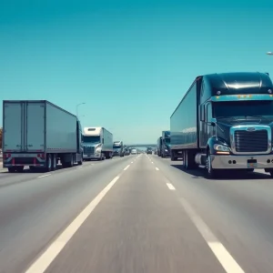 Self-driving heavy-duty trucks navigating a California highway.