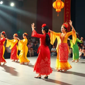 Dancers of Shen Yun Performing Arts performing on stage in Costa Mesa