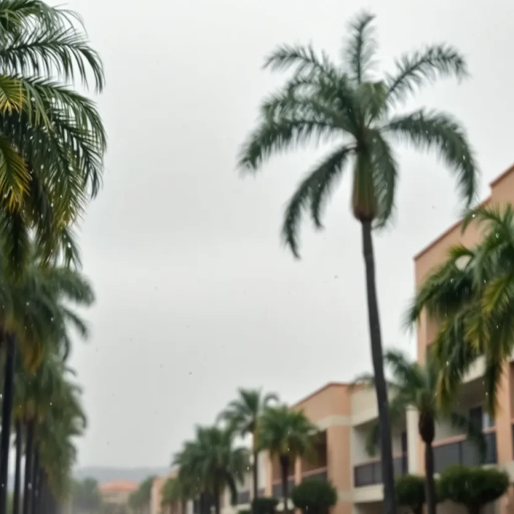 Rainy scene in Southern California with palm trees