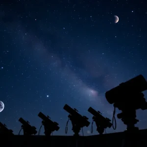 Families and friends observing planets through telescopes at Orange Coast College Planetarium stargazing event.