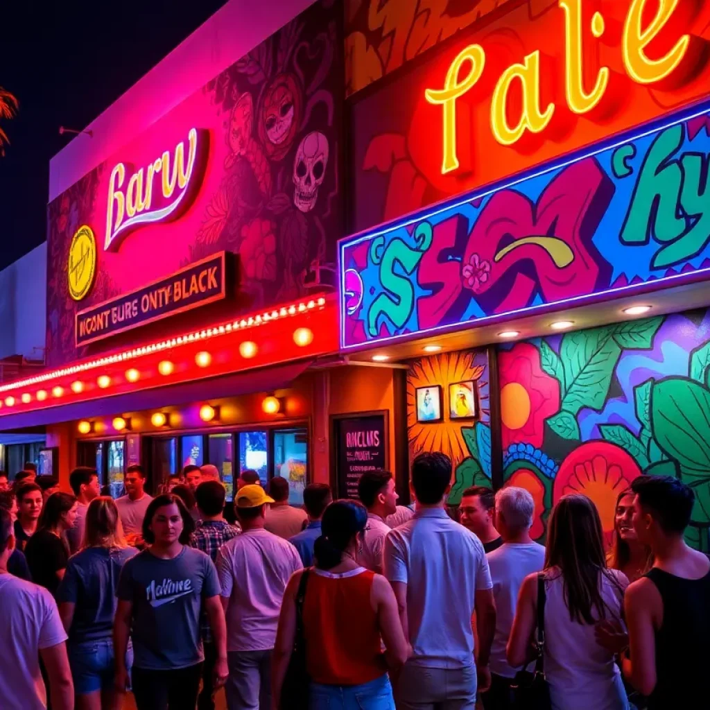 Exterior view of Strut Orange County Nightclub with colorful mural