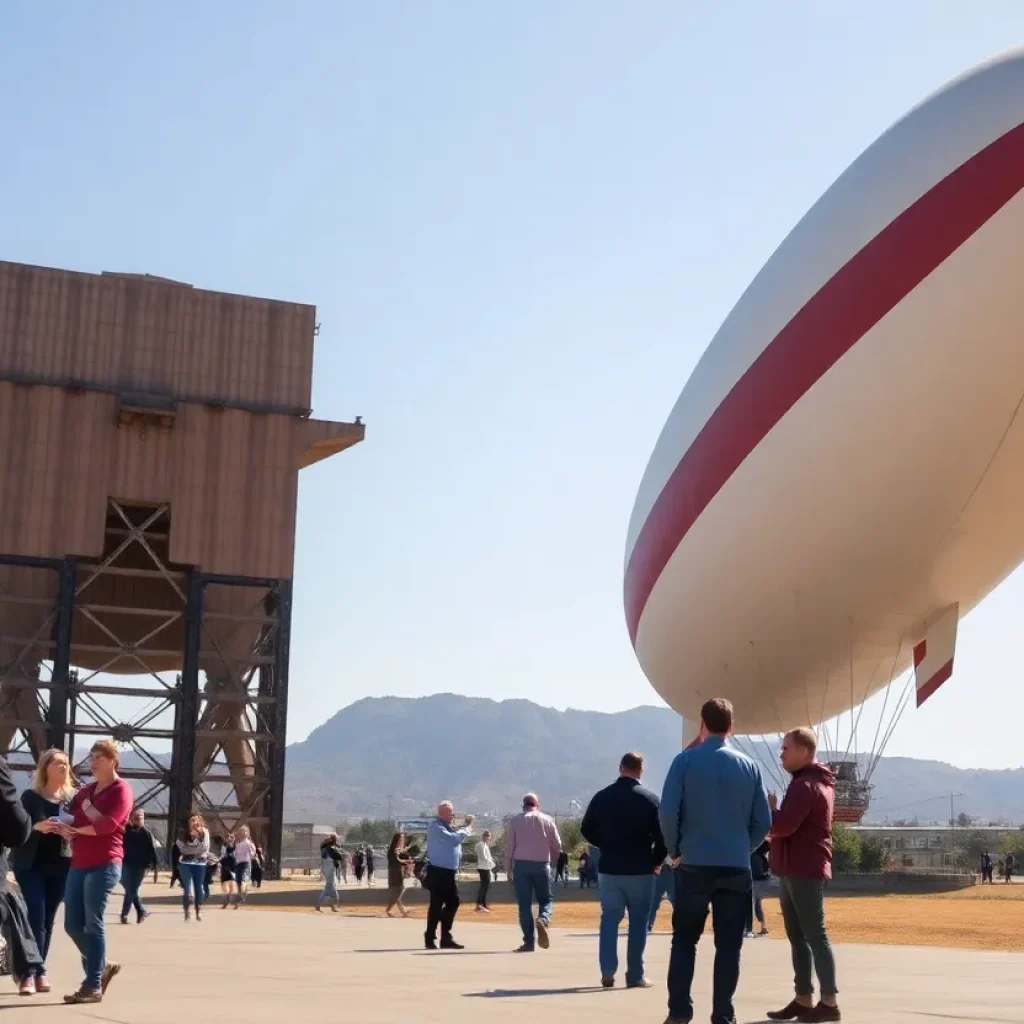 Historic Tustin WWII blimp hangar with community members discussing its future.