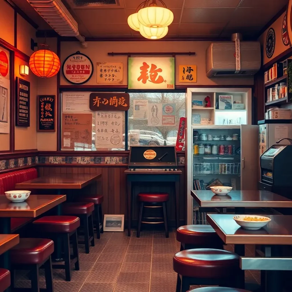 Cozy interior of Yakamoz Ramen Shop with warm lighting and vintage decor