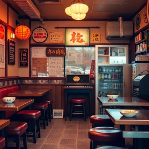 Cozy interior of Yakamoz Ramen Shop with warm lighting and vintage decor