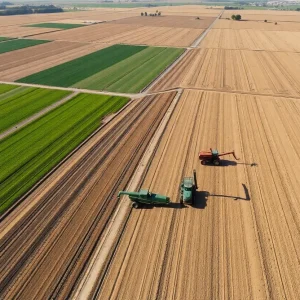 Aerial view of agricultural fields in California showing economic strain.