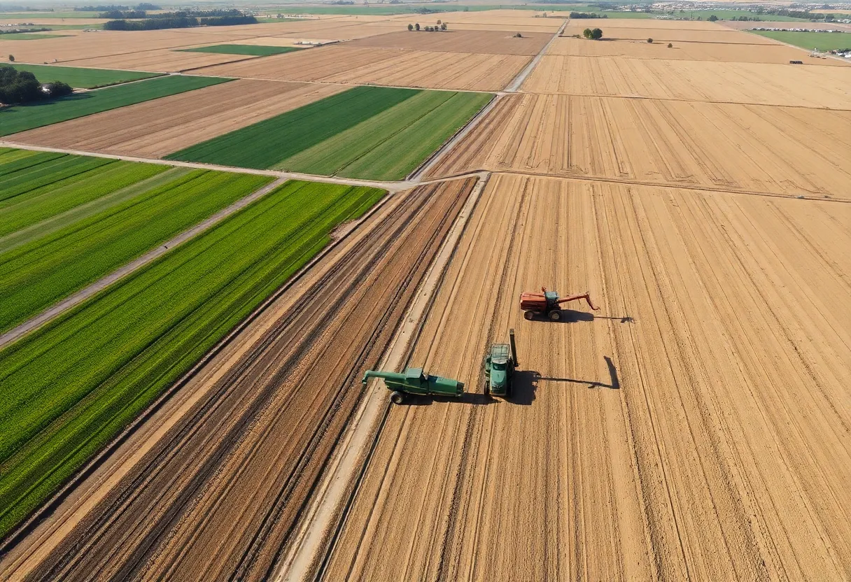 Aerial view of agricultural fields in California showing economic strain.