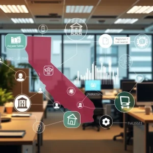 Office workers engaging with AI technology under new regulations