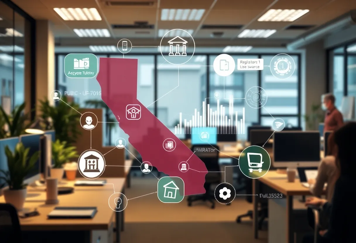 Office workers engaging with AI technology under new regulations
