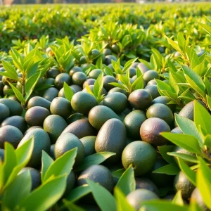 A lush California avocado field with ripe avocados on trees