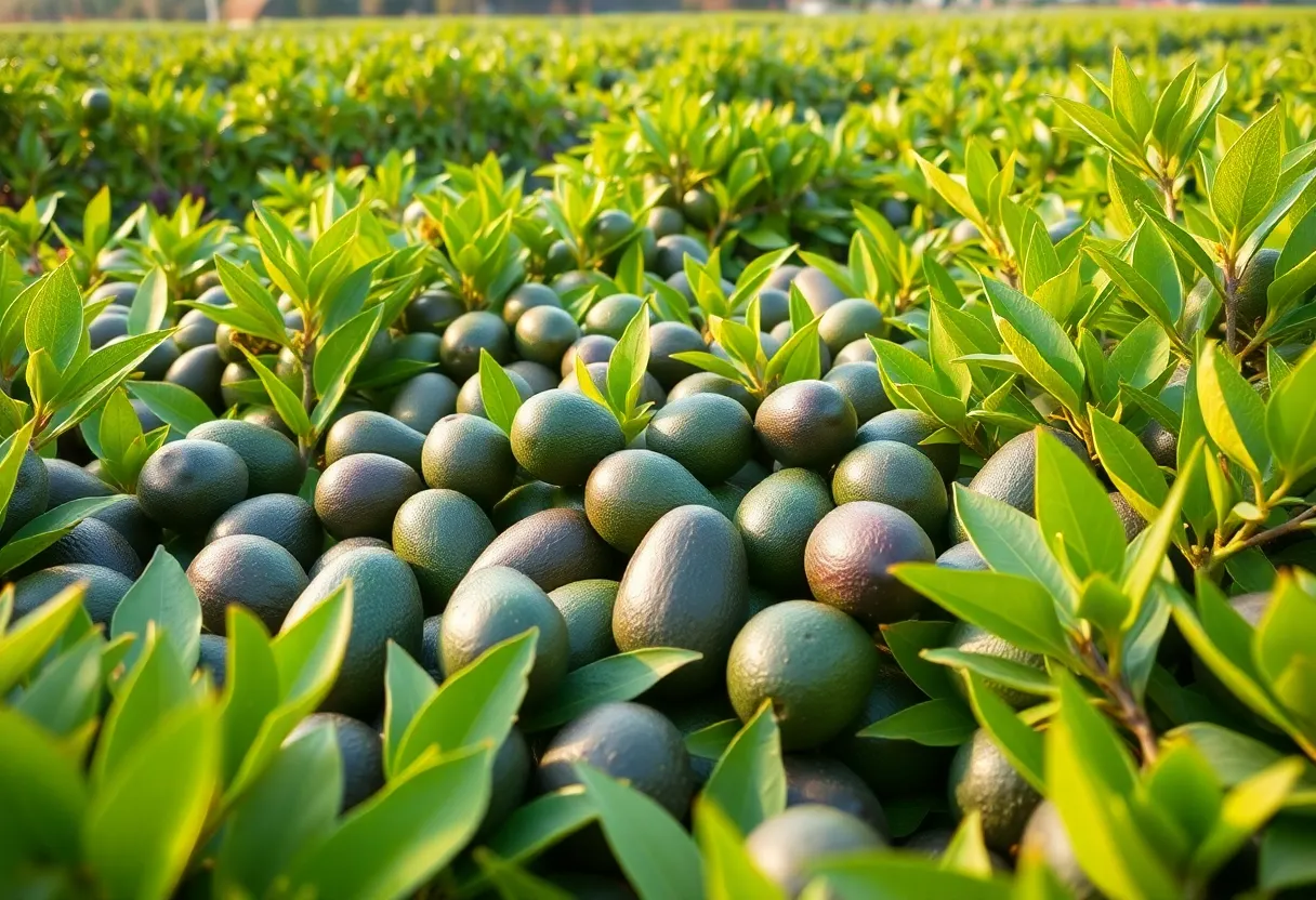 A lush California avocado field with ripe avocados on trees