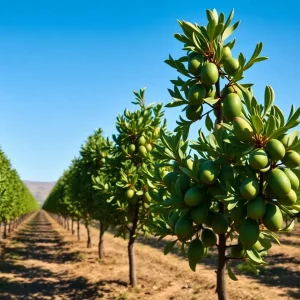 Lush avocado trees in a California orchard with ripe avocados