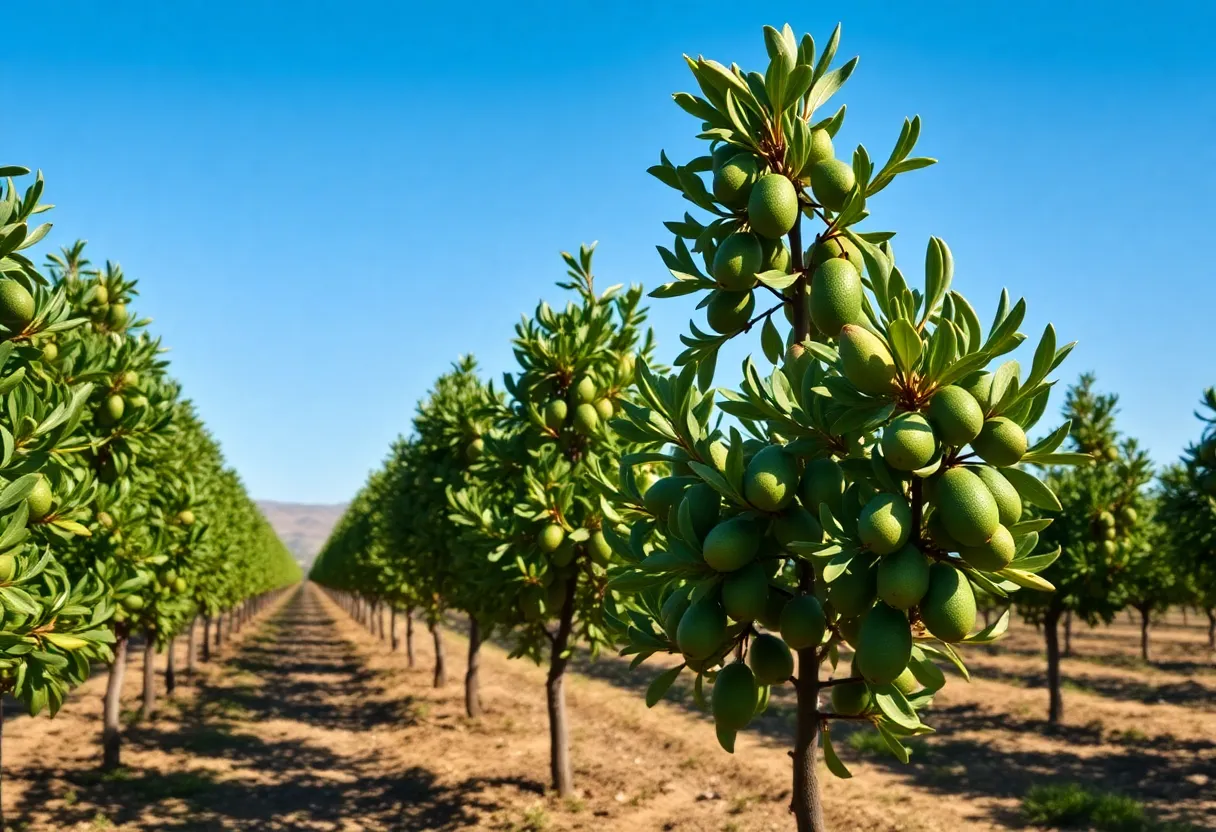 Lush avocado trees in a California orchard with ripe avocados