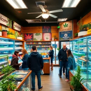 Inside a California cannabis dispensary with various products displayed.