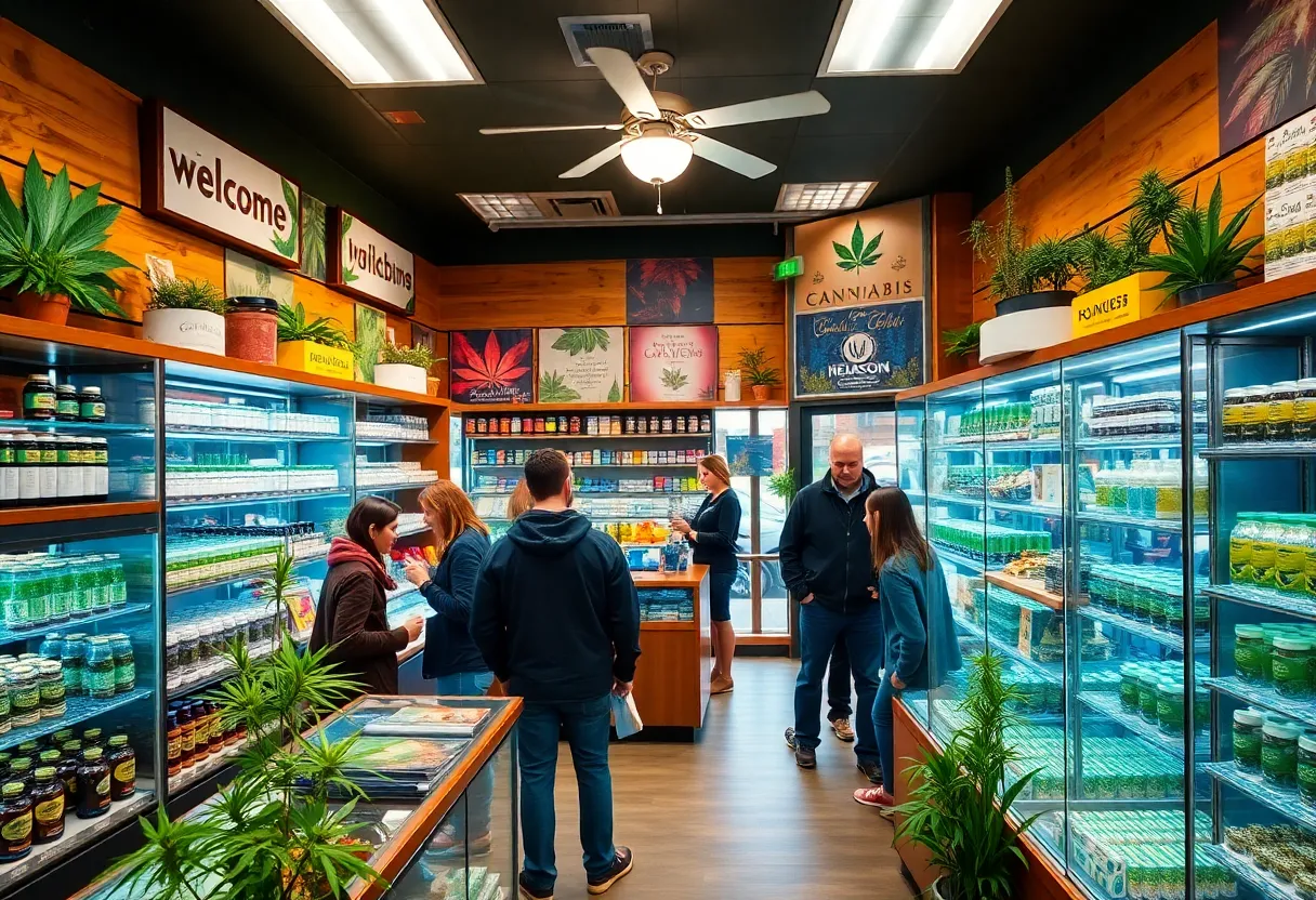 Inside a California cannabis dispensary with various products displayed.