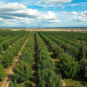 Aerial view of cherry orchards with both healthy and damaged trees in San Joaquin County