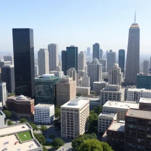 California skyline with green spaces emphasizing climate sustainability.