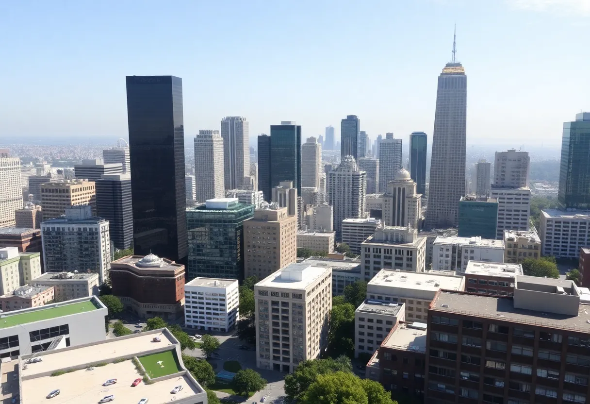 California skyline with green spaces emphasizing climate sustainability.