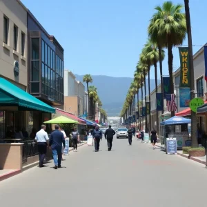 A vibrant street scene in California showing local businesses and community events.