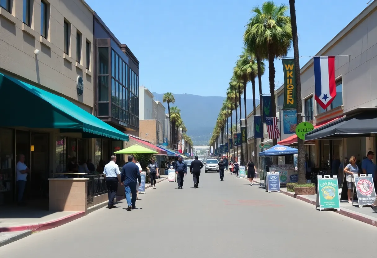 A vibrant street scene in California showing local businesses and community events.