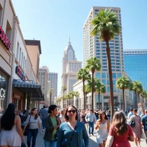 A bustling California city street representing consumer confidence and economic activity