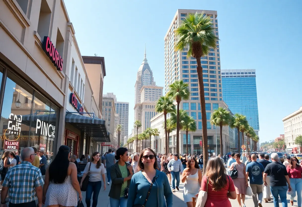 A bustling California city street representing consumer confidence and economic activity