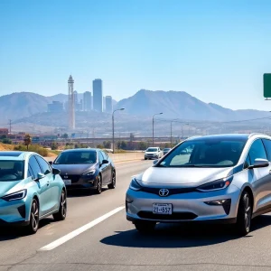 Electric vehicles on California highway with landmarks