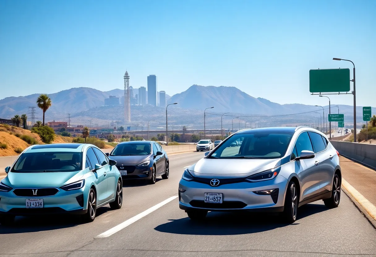 Electric vehicles on California highway with landmarks