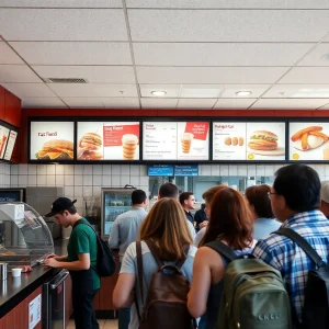 Busy fast-food restaurant in California with employees at work.