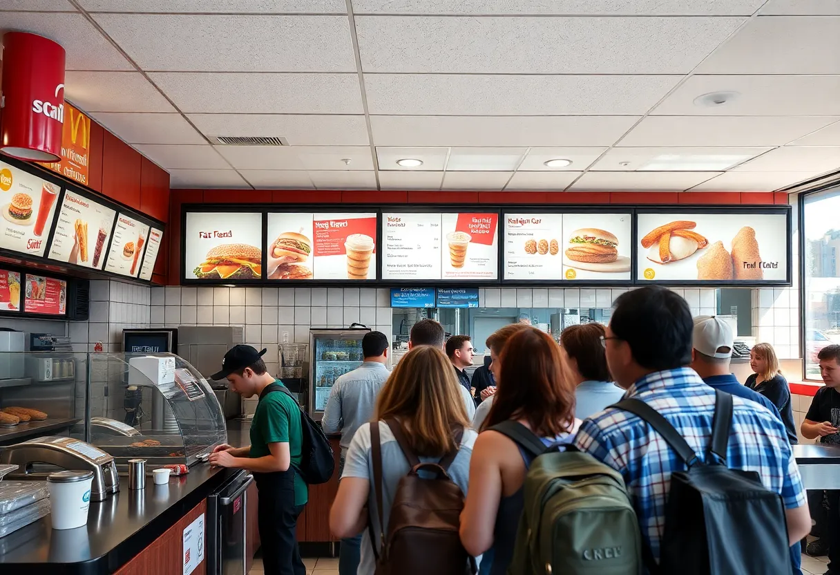 Busy fast-food restaurant in California with employees at work.